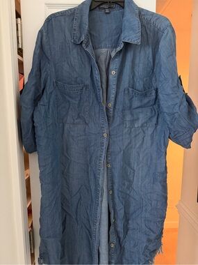 Button-Front Denim Shirt Dress - Blue 1X